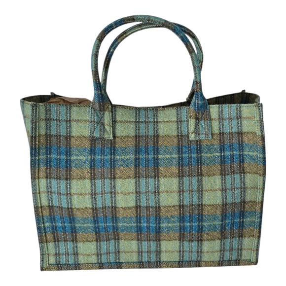 Sandro Paris Wool Tartan Plaid Large Tote Blue Green Snap Top Handle Bag NWT - Picture 2 of 13
